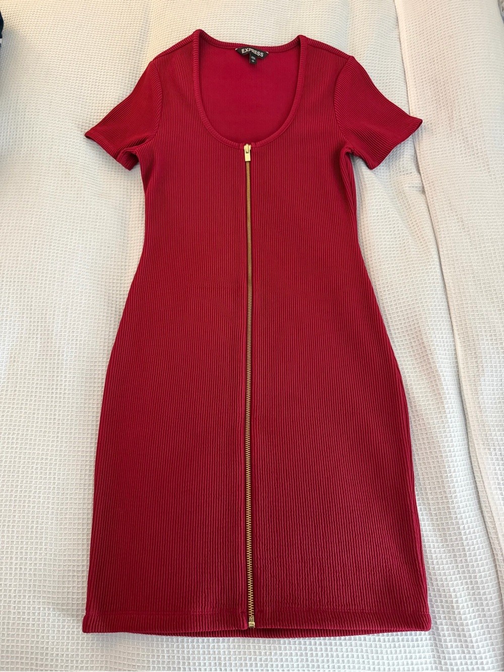 Express Red Ribbed Zip-Front Scoop Neck Mini Dress